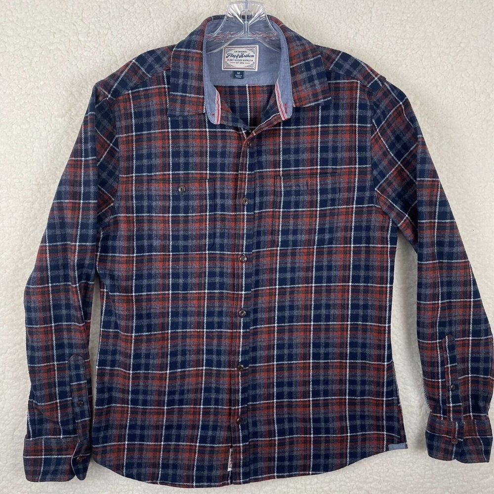 Flag & Anthem Flannel Shirt Mens Medium Button Up Blue‎ Red Workwear Long Sleeve